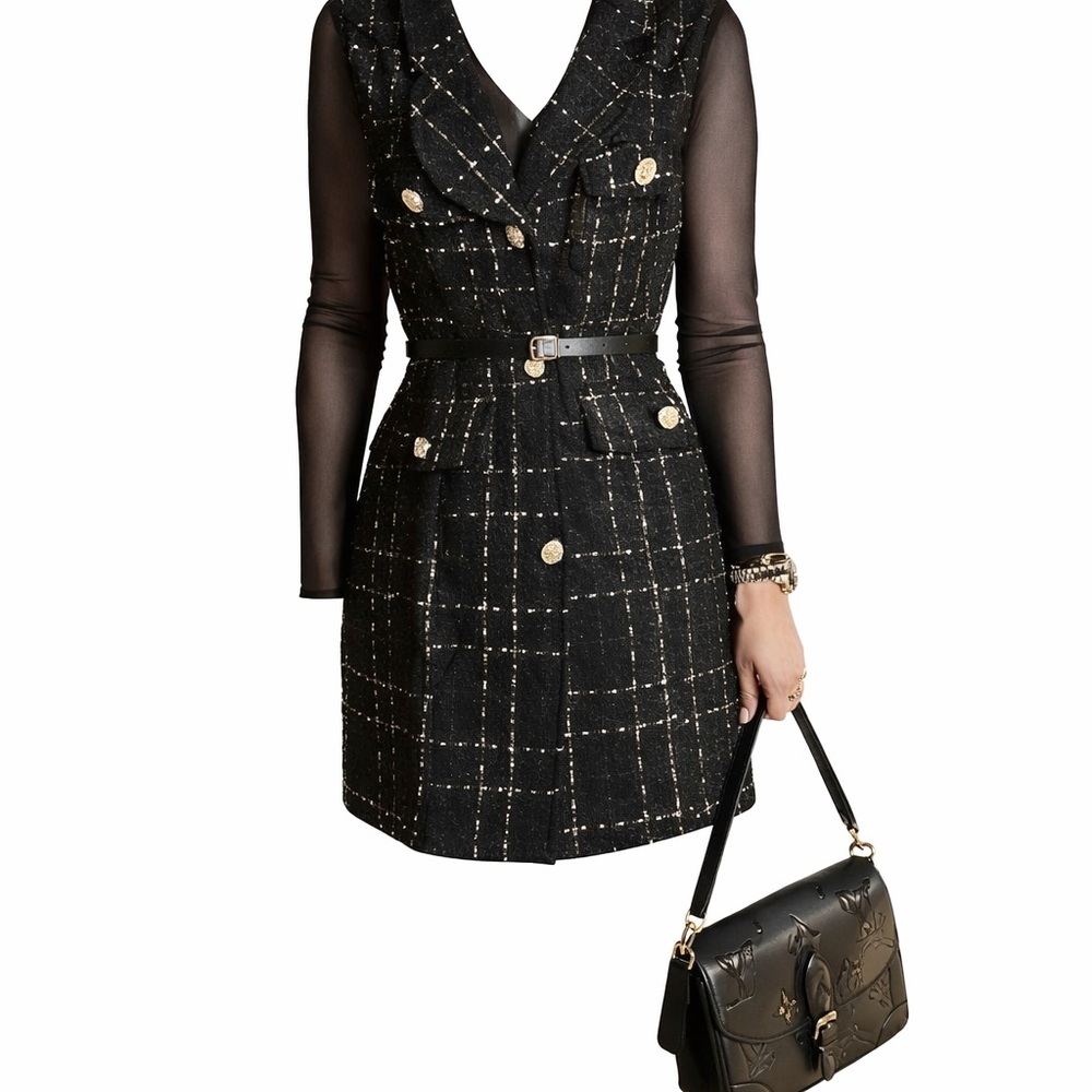 Black Plaid Tweed Mini Dress with Gold Buttons and Belt Accent